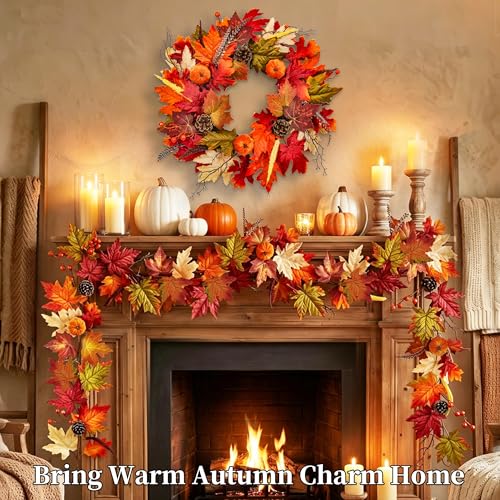 6FT Autumn Maple Leaf Garland with Pumpkins Pinecones & Berries - Fall Decor for Thanksgiving & Farmhouse Style