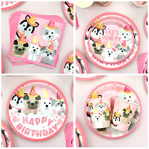 Dog Party Decorations Set for Puppy Birthday - Pink Paw & Puppy Theme Supplies, Serves 40