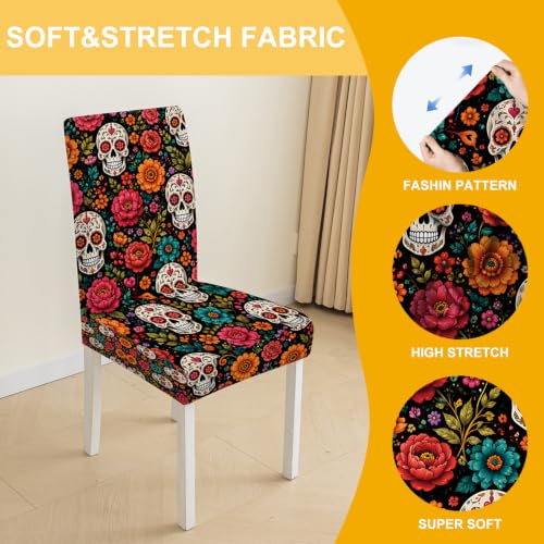 Halloween Chair Covers Set of 4 - Sugar Skull Floral Print Dining Slipcovers - Day of the Dead Decor - Variation 4 / 93