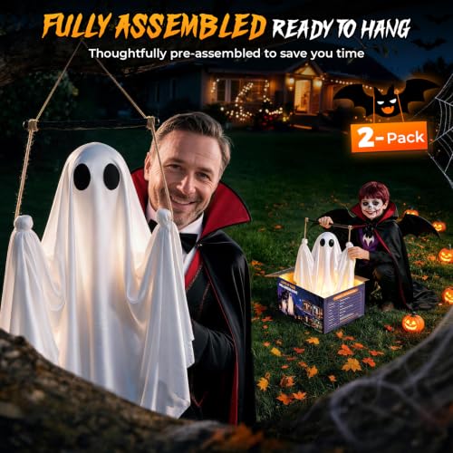 Halloween Hanging Ghost Decorations - 5 FT Swinging Ghosts with Adjustable Arms & 8 Light Modes - White, Outdoor & Indoor, 2 Pack