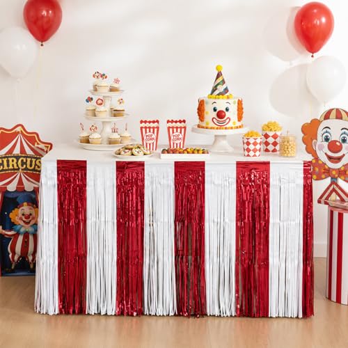 Carnival Circus Theme Table Skirts 2 Pack - Red and White Party Decorations