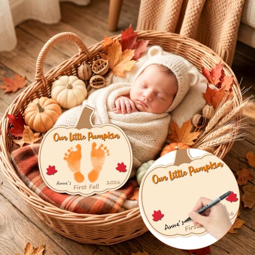 First Fall Baby Footprint Handprint Sign - Keepsake Fall Keepsake - Pumpkin-Shaped Wooden Art - Variation: First Fall