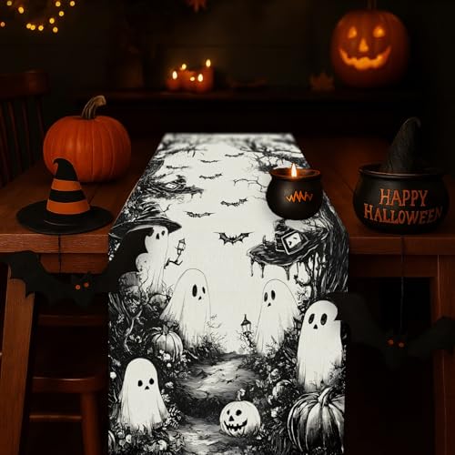 Halloween Table Runner Black Ghost Burlap 13 x 36 Inch Indoor Outdoor Decor