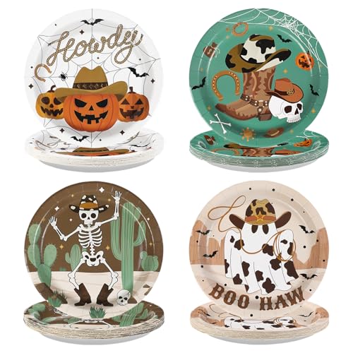 60Pcs Western Cowboy Halloween Paper Plates 9 Inch - Skeleton Ghost Pumpkin Design