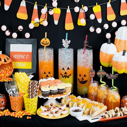 Halloween Glitter Crazy Straws Set - 24pcs with Pumpkins Ghosts & Brushes