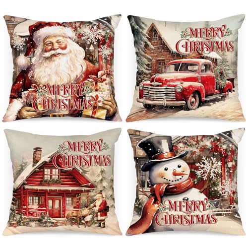 24x24 Christmas Throw Pillow Covers Set of 4 - Holiday Santa & Winter Decor