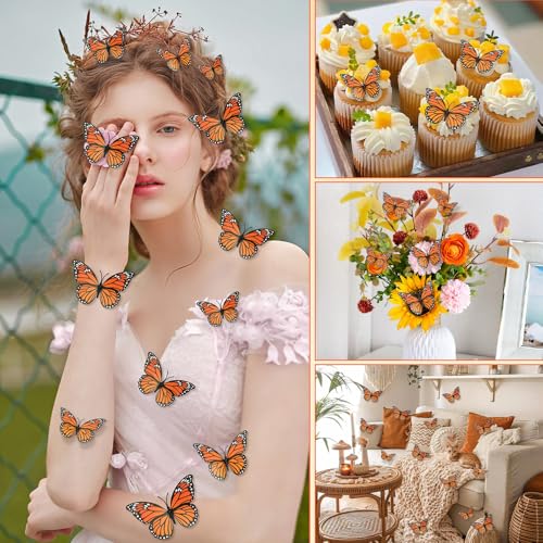 Orange 48 Pcs Monarch Butterfly Wall Decor - Realistic 3D Artificial Butterflies for Autumn & Home Decor