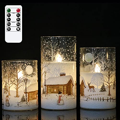 Snowman Flameless Candles with Remote & Timer - Battery Operated Christmas Holiday Decor - White LED Flickering Pillar Candles - 4 to 6 Inches - Snowman Remote Variation