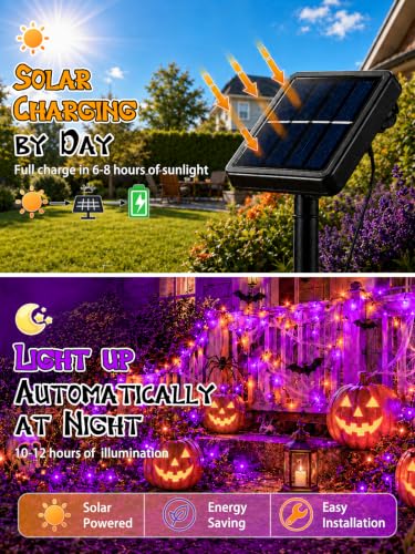 Orange and Purple Solar Halloween String Lights - 6 Pack, 198FT, 600 LED Outdoor Decor