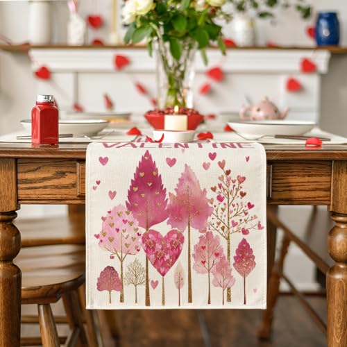 Heart-Shaped Tree Table Runner - 13x90 Inch Beige Valentine's & Wedding Decor