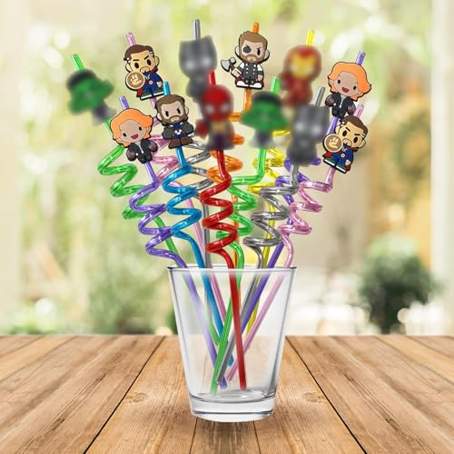32-Pack Reusable Superhero Drinking Straws with Stickers for Kids Party Favors