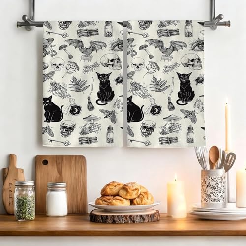 Witchy Gothic Kitchen Towels Set of 2 - Celestial & Cat Design, 16x24 Inches