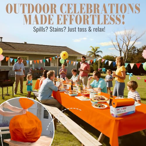 Orange Disposable Plastic Table Cover Roll - 54 Inch x 3600 Inch Waterproof Party Tablecloth with Cutter