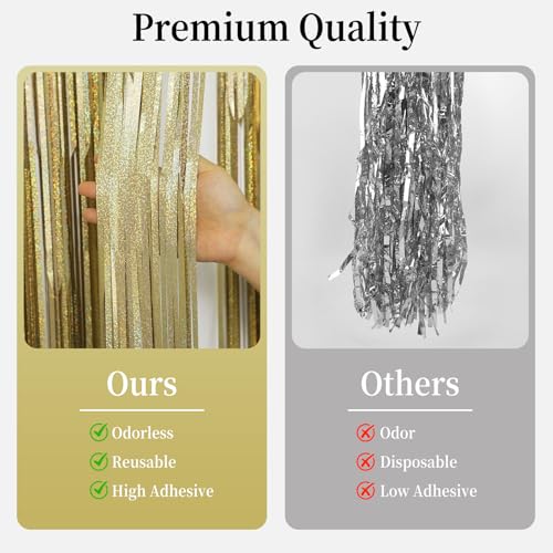 Glitter Champagne Gold Foil Fringe Backdrop Curtains - 3 Pack, Party Decorations