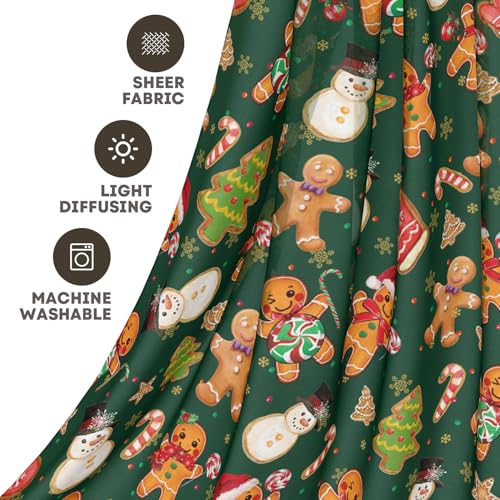 Green Sheer Xmas Curtains 52x96in Set of 2 - Gingerbread & Snowman Pattern