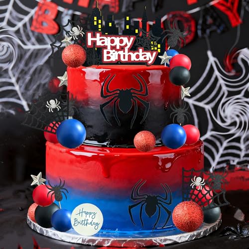 Spider Cake Topper Set - Blue-Red Halloween & Birthday Party Decorations
