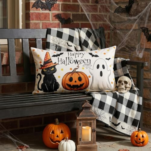Halloween Cat Pillow Cover 16x24 Inch Lumbar Throw Pillowcase - Black Ghost Pumpkin