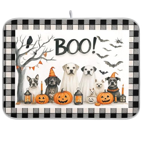 Halloween Dogs Dish Drying Mat 16x18 Inches Raven Bat Pumpkin Reusable Microfiber
