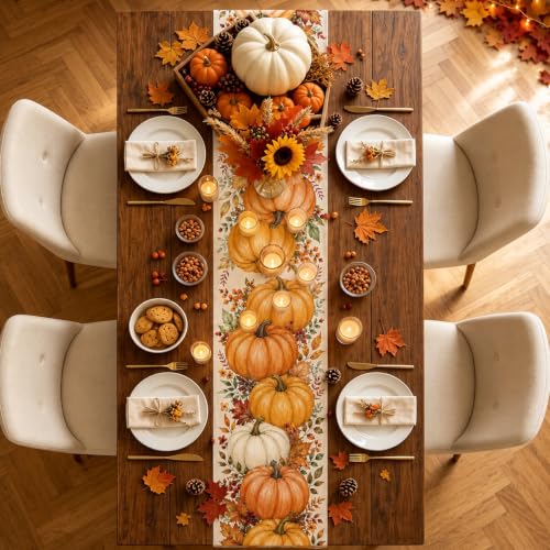 Fall Pumpkin Table Runner - 13x72 Inches for Farmhouse Kitchen Decor - Variation of Fall Big Pumpkin
