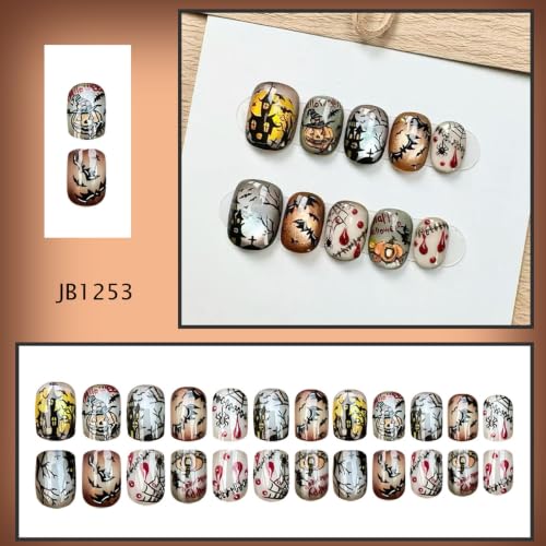Halloween Short Square Press-On Nails with Blood Spider Web Bat Pumpkin Designs - 24Pcs