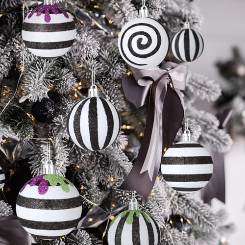 Halloween Christmas Black & White Ball Ornaments Set - Stripe Variation, 12 pcs
