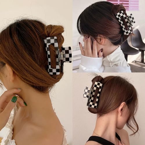 Checkered Rectangle Hair Claw Clips - Large Acrylic Multicolored Barrettes, Strong Hold, Non-Slip, Pattern D