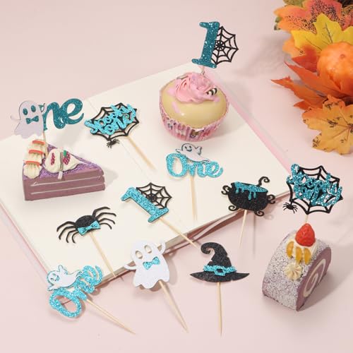 Halloween Spooky First Birthday Cupcake Toppers - Blue, Glitter, 48Pcs