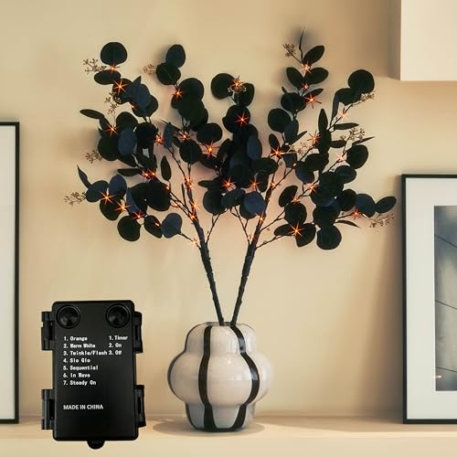 Halloween Tree Branches with Lights - 2ft 8in Black Eucalyptus with Timer, Orange & Warm White LED for Mantle Decor