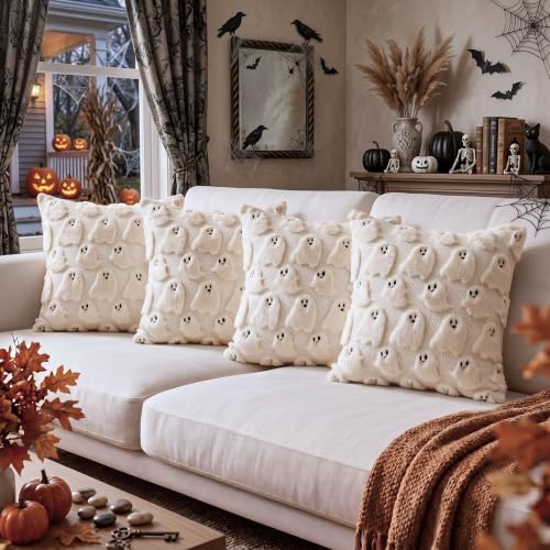 Halloween Throw Pillow Covers 16x16 Inch Set of 4 Beige Ghost - Fall Decor