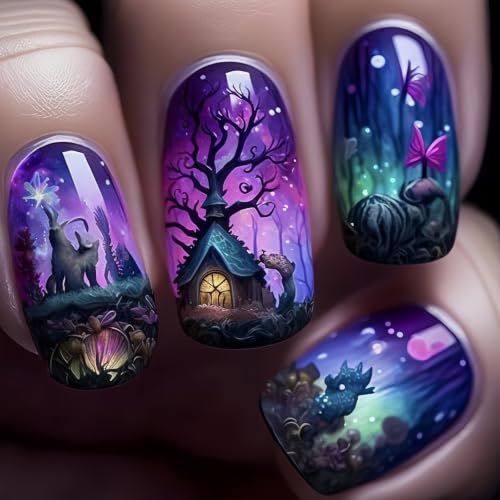 Halloween Short Square Press-On Nails with Witch & Forest Design - Style26
