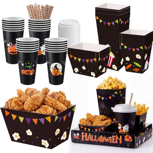 Halloween Movie Night Snack & Drink Set - 24 Sets of Trays Cups Straws