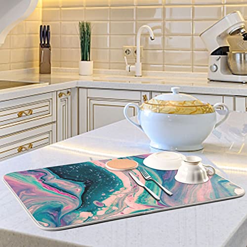 Super Absorbent Microfiber Dish Drying Mat 24x18 Inches - Marble Pink Green - Flexible & Quick-Drying Kitchen Pad with Hang Loop