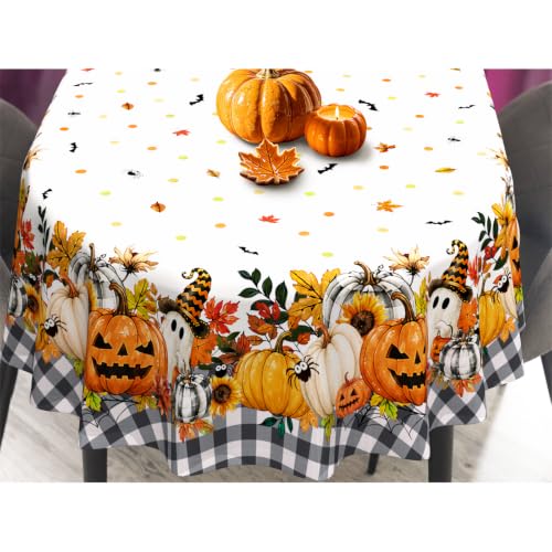 White Halloween Pumpkin Ghost Tablecloth - 84x60 Inch Oval Fall Decor