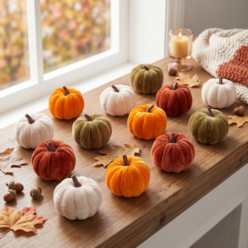 Velvet Mini Pumpkins Decor Set - Fall Thanksgiving Table Accents, 12 Pcs