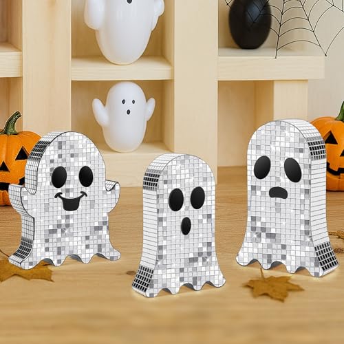 Halloween Disco Ghost Decor Set - 4 Mirrored Spooky Tabletop Decorations