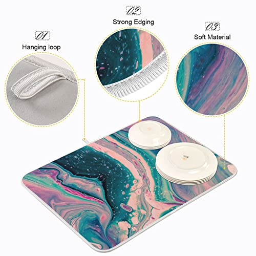 Super Absorbent Microfiber Dish Drying Mat 24x18 Inches - Marble Pink Green - Flexible & Quick-Drying Kitchen Pad with Hang Loop