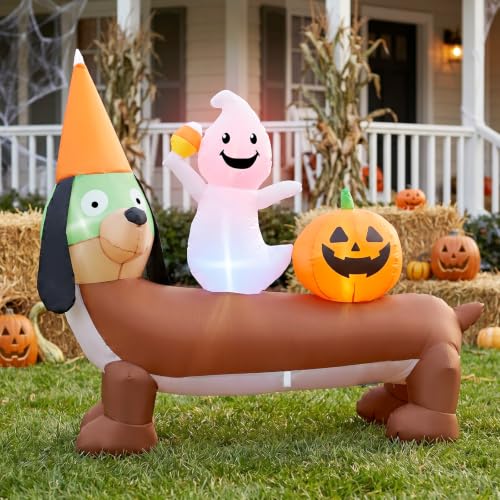 5FT Halloween Inflatable Dachshund and Ghost Yard Decoration - Waterproof & Easy Setup