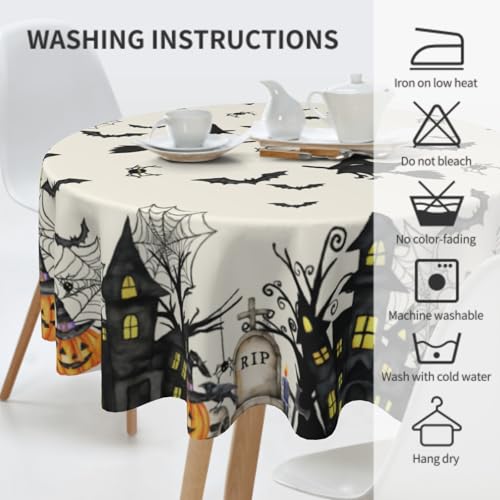 Halloween Round Tablecloth 60 Inch Witch Spiderweb Pumpkin Design Water-Resistant Decor
