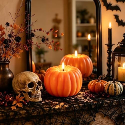 Orange Flameless Pumpkin Candle with Timer - LED Fall Decor for Mantel & Table Setting