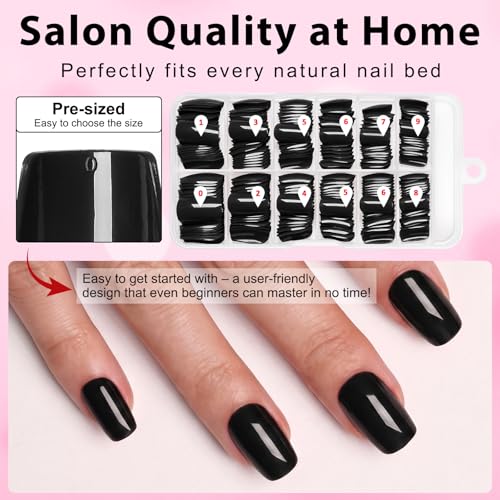 Black Short Square Press On Nails for Women - 240 Pack with Adhesive & Glue - Variation: Black