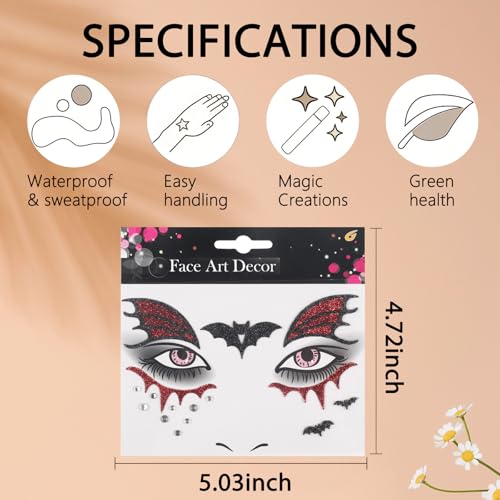 Halloween Face Tattoo Bat Face Stickers with Rhinestones & Glitter - Variation 07.Halloween A