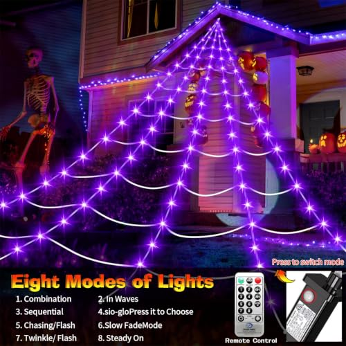 Purple Lighted Spider Web Kit with 200 LEDs, 16.4Ft Outdoor Halloween Decoration - Without Spider