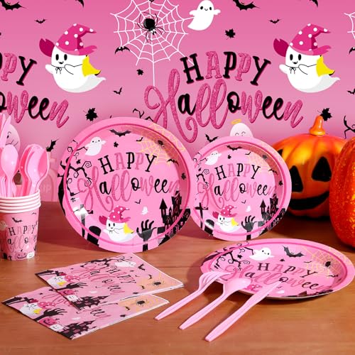 Pink Halloween Party Supplies Dinnerware Set for 24 Guests - Plates Cups Napkins