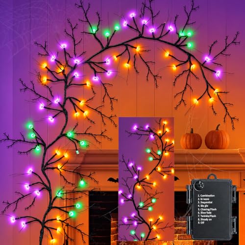 9Ft Halloween Willow Vine Twig Garland with 72 LED Lights - Orange, Purple, Green, 8 Modes & Waterproof, Battery Operated - Variation of THIS listing