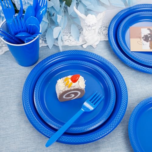Blue Disposable Party Plates Set for 50 People - 9-inch Dinner & 7-inch Dessert Plates, Cups & Cutlery - Blue Variation