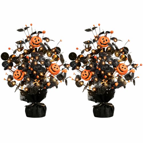 Black Brown Orange Lighted Halloween Table Tree Set - 2 Pack Seasonal Pumpkin Decor