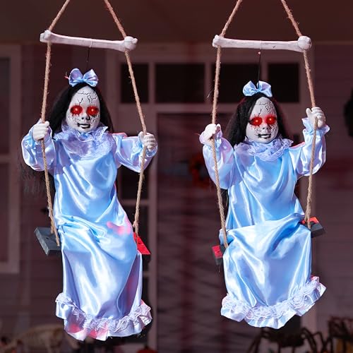3ft Hanging Ghost Decorations for Halloween Outdoor Indoor Creepy Twins with LED Red Eyes