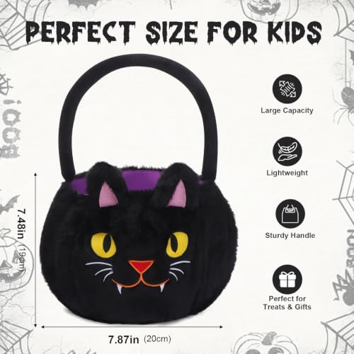 Black Halloween Light Up Trick or Treat Basket - LED Glowing Plush Cat Candy Bucket