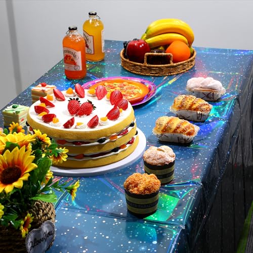 Blue Iridescent Space Theme Tablecloths 3Pcs 54x108 Inch for Starry Night Party