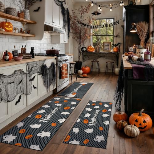 Halloween Kitchen Rug Set 3-Piece Ghost Pumpkin Bats Non-Slip Mat - Black, 20x32/48/59 Variation of THIS listing
